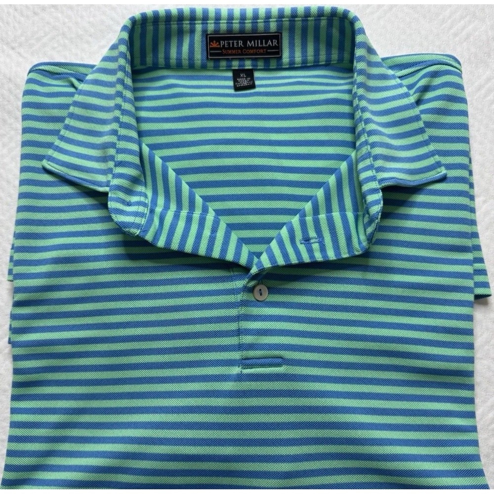 Peter Millar Summer Comfort XL Polo‎ Shirt Mens Blue Green Striped Short Sleeve